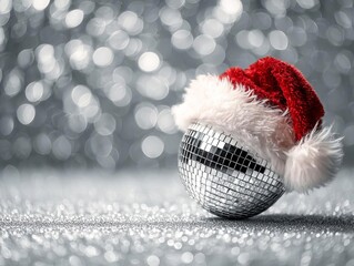 Festive disco ball wearing a red Santa hat on a sparkling background.