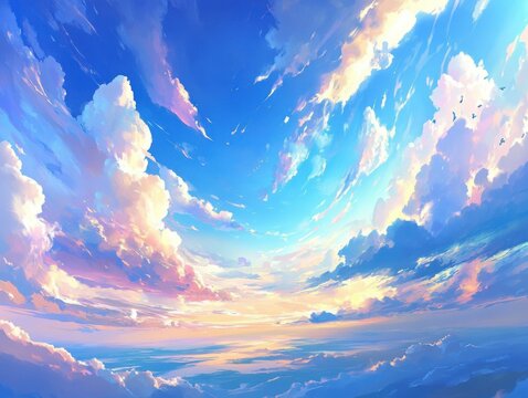 Anime Style Sky View with Clouds and Light Rays Artistic Render Wide Angle Dreamy Atmosphere