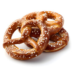 Soft golden-brown pretzels with coarse salt isolated on white background, traditional baked snack food perfect for bakery, culinary, and food styling images