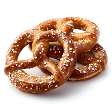 Soft golden-brown pretzels with coarse salt isolated on white background, traditional baked snack food perfect for bakery, culinary, and food styling images