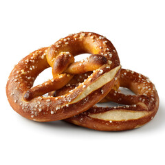 Soft pretzels with golden crust and coarse salt isolated on white background, fresh bakery snack perfect for food, snack, and German cuisine themes