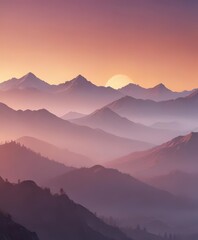 Fototapeta premium Soft gradient sunset paints misty mountain range, ethereal sky, wild, landscape