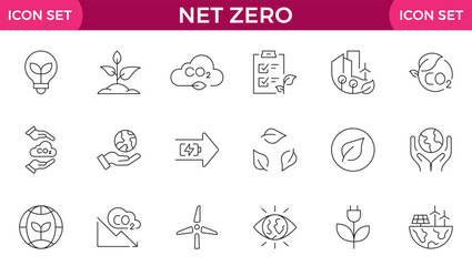 Net Zero line icons set. Net Zero outline icons with editable stroke collection. Includes Carbon footprint, CO2 neutral, net zero, Solar Energy, Wind Power, Renewable Energy and More.