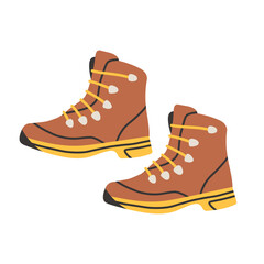 Simple hiking boots. Hand drawn vector illustration of yellow and brown travel shoes for tourism and camping. Flat drawing of footwear for journey and exploration.