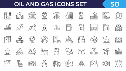 Vector set of oil and gas line icons. Contains icons oil well, gas station, gasoline, tanker, burner, fuel, canister, petroleum and more.