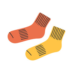 Simple red and yellow socks. Knitted socks cozy winter wear flat Illustration Clipart isolated. Print ready scalable graphic design elements for stickers, posters, postcard, wall art decoration
