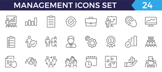 Business Management Outline Icon Collection. Thin Line Set contains such Icons as Vision, Mission, Values, Human Resource, Experience and more. Simple web icons set.