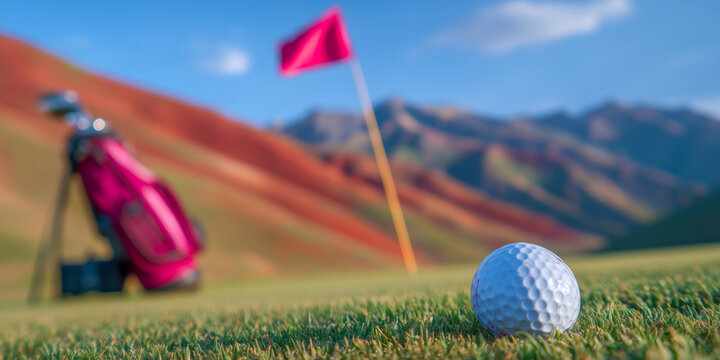 A close-up of a white golf ball resting on a vibrant green fairway, with a pink flag in the background and colorful mountains under a clear blue sky.
