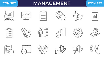 Business Management Outline Icon Collection. Thin Line Set contains such Icons as Vision, Mission, Values, Human Resource, Experience and more. Simple web icons set.