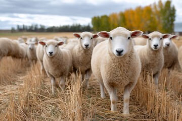 Fototapeta premium Flock of Sheep in Autumn Field