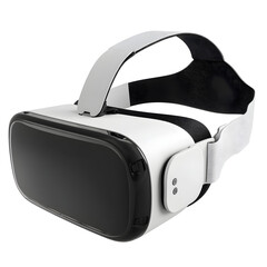 Black and white modern VR headset device, isolated on white background showing clean and stylish virtual reality gear for gaming and digital interaction
