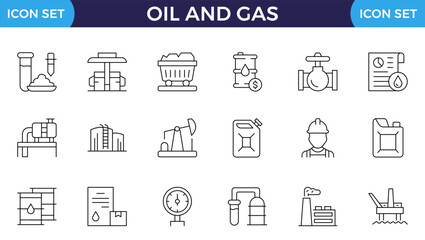 Vector set of oil and gas line icons. Contains icons oil well, gas station, gasoline, tanker, burner, fuel, canister, petroleum and more.