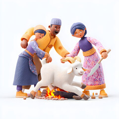 Animated figures depict a family sacrificing a goat on Eid al-Adha, created with claymation style.