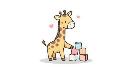 Playful giraffe building blocks with colorful cubes in a cheerful scene  