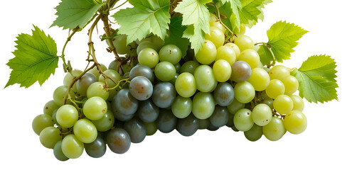 Obraz premium Vibrant bunch of green grapes with detailed vine leaves, isolated on a white background, ultra-HD, soft edge shadows, realistic color tones.