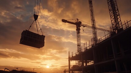 Construction site at sunset with cranes lifting heavy materials against a warm cloudy sky