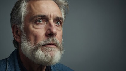 A studio portrait of a Greying British bearded male looking up in wonder