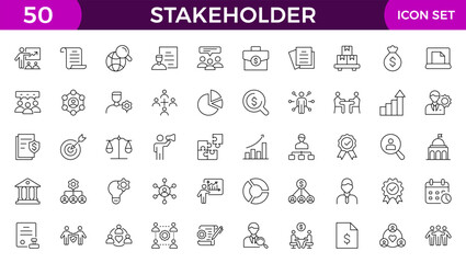 Stakeholder editable stroke icons set. Business, partner, shareholder, investor, supporter vector illustrations.