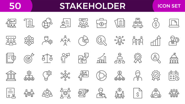 Stakeholder editable stroke icons set. Business, partner, shareholder, investor, supporter vector illustrations.