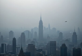 Fototapeta premium City skyline shrouded in haze with iconic tower visible in the distance during early morning
