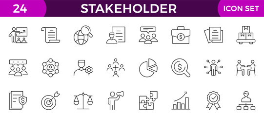Stakeholder editable stroke icons set. Business, partner, shareholder, investor, supporter vector illustrations.