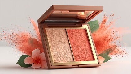 Fototapeta premium Open powder compact with two shades on white background, beauty makeup product