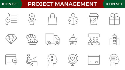 Project management icon collection. Time management and planning concept. Business or organization management icons for web and mobile app. Time management, planning, project, startup, marketing.