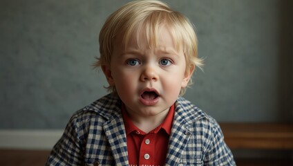 Blonde toddler boy pulling fierce face