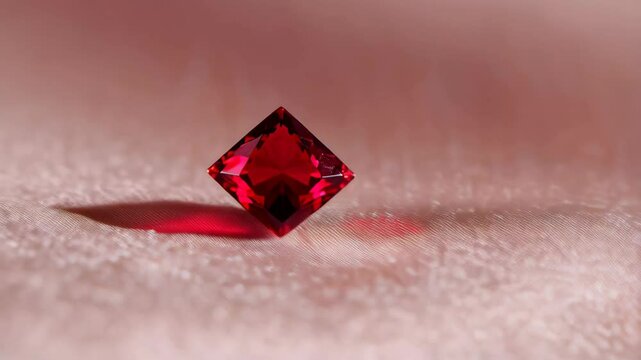 Radiant red ruby gem shimmering on soft textured fabric, close-up shot with facets catching and refracting light to create a brilliant sparkle.