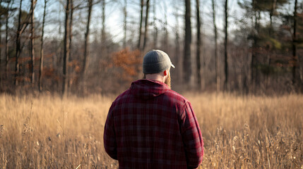 Contemplative man in flannel observing a serene field adjacent to a tranquil forest