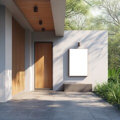 Freshly constructed home featuring a wooden front door and an empty white sign in the patio area.