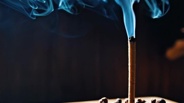 Aromatic incense stick burning with billowing blue smoke on a dark background, creating a mystical and calming atmosphere.