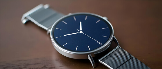 Closeup Of Stylish Modern Smartwatch With Dark Blue Display And Silver Mesh Band