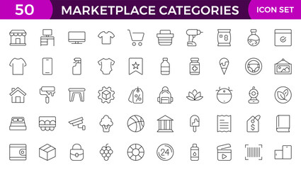 Marketplace Categories outline Icons set. Vector illustration in modern thin line style of e-commerce related icons: household goods, electronics and household appliances, clothing, and more.