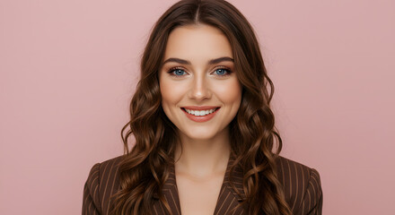 Fototapeta premium Wavy Hair and Brown Pinstripe Blazer Look on Pink Background