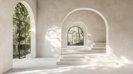 Sunlit minimalist interior with arched doorways, steps, and garden view.