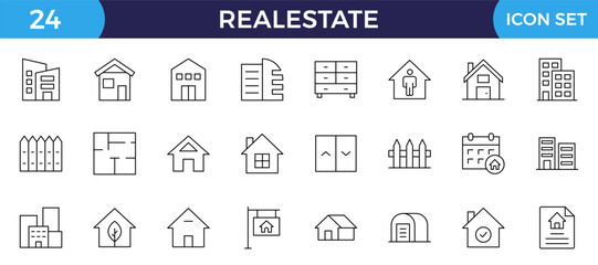 Real Estate minimal thin line web icon set. Included the icons as realty, property, mortgage, home loan and more. Outline icons collection. House, key, buy, sell, loan, building, address, bedroom