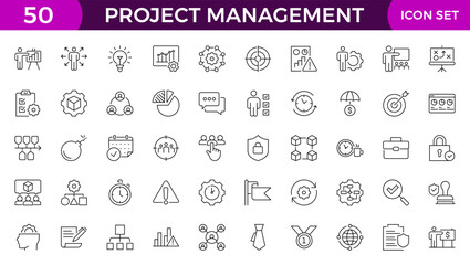 Project management icon collection. Time management and planning concept. Business or organization management icons for web and mobile app. Time management, planning, project, startup, marketing.