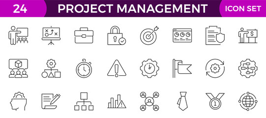Project management icon collection. Time management and planning concept. Business or organization management icons for web and mobile app. Time management, planning, project, startup, marketing.