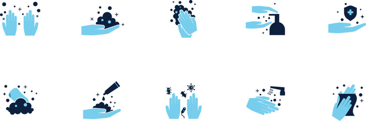 Set of washing hand icon flat style. How to wash your hand icon