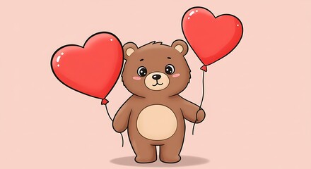 Obraz premium Cute cartoon bear with heart balloons