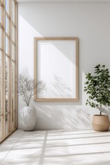 Minimalist Interior with Blank Frame Mockup Sunlight Streaming Through Window Neutral Tones Modern Design