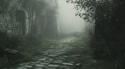 Obraz premium Mysterious Stone Path Leading Through a Foggy, Overgrown Landscape with Ancient Buildings