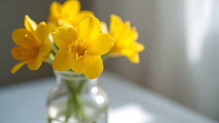 Bright Yellow Daffodils in Glass Vase Spring Flowers
