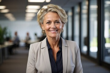  Female office worker in her 50s smiling and looking away, cheerful expression, carefree, relaxed