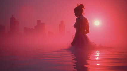 Ethereal ballerina amidst a hazy cityscape reflecting in tranquil water, bathed in radiant red