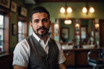 Front view portrait of a hispanic barber in a retro style barber shop