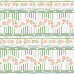 Vector cute cartoon hand drawn illustration. Seamless pattern of pink flowers and leaves on horizontal striped background with heart. Ideal for textile print, baby clothes, wallpaper, cleaning.