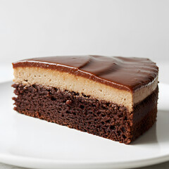 Rich and moist chocolate cake with glossy ganache topping, served on a ceramic plate with a fork beside it.