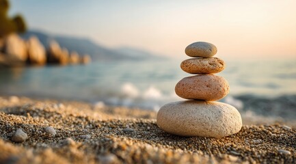 Peaceful stones balanced on beach